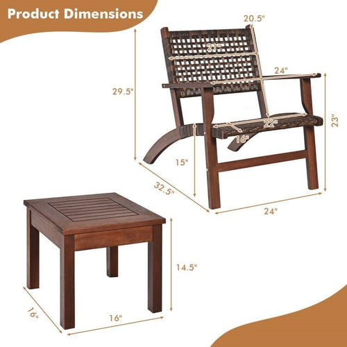 3 Piece Wooden Rattan Outdoor Patio Furniture
