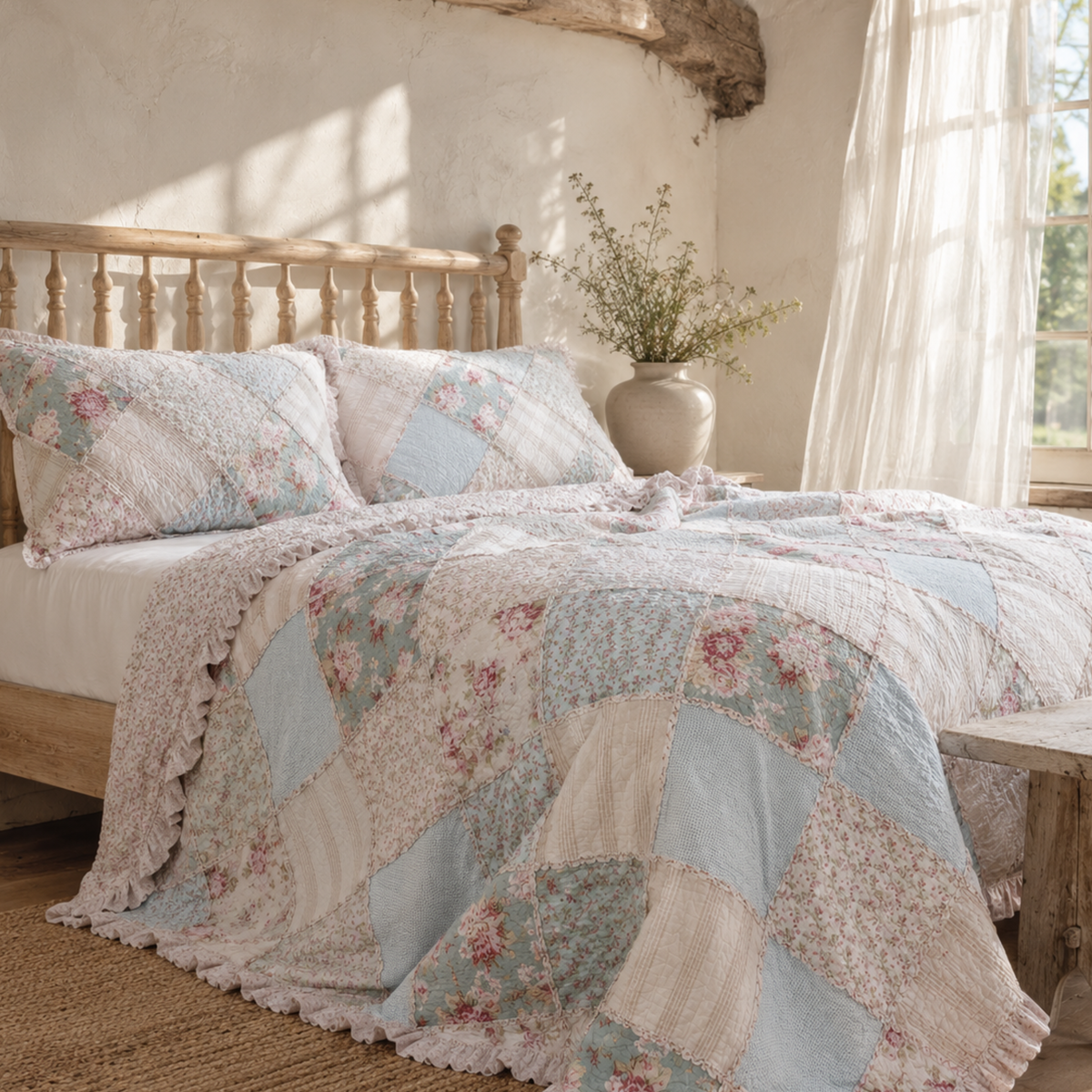 Hint of Mint Pastel Cotton Patchwork Quilt Set